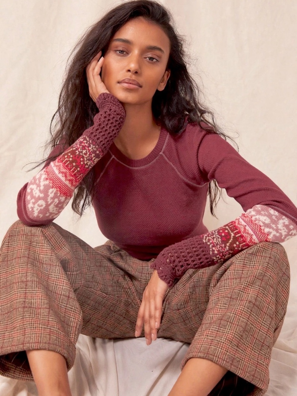 Free People Thermal Waffle Knit Cuff Long Sleeve Shirt Burgundy Size XL